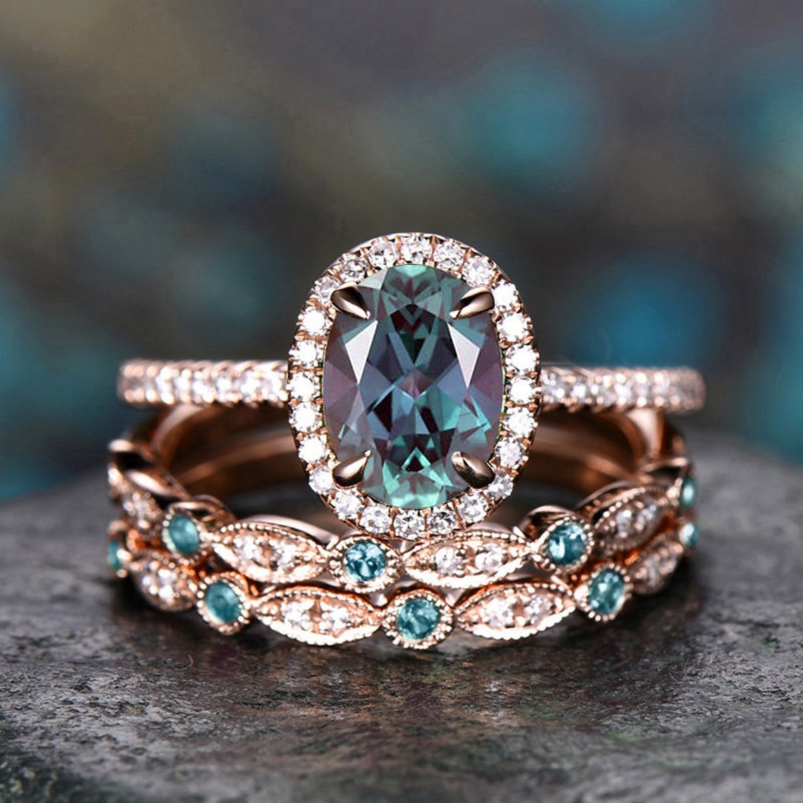 3 CT Oval Cut Alexandrite Diamond 925 Sterling Silver Wedding Band Women Bridal Ring Set