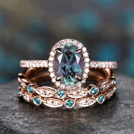 3 CT Oval Cut Alexandrite Diamond 925 Sterling Silver Wedding Band Women Bridal Ring Set