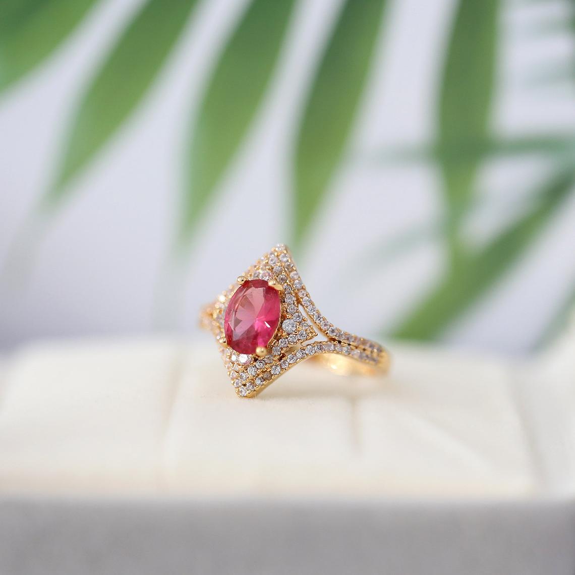 1 CT Oval Cut Red Pink Ruby Diamond Yellow Gold Over On 925 Sterling Silver Double Halo Ring - atjewels.in
