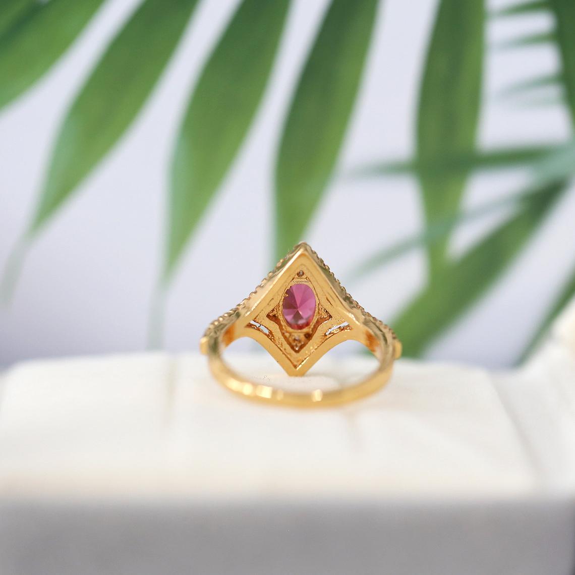 1 CT Oval Cut Red Pink Ruby Diamond Yellow Gold Over On 925 Sterling Silver Double Halo Ring - atjewels.in