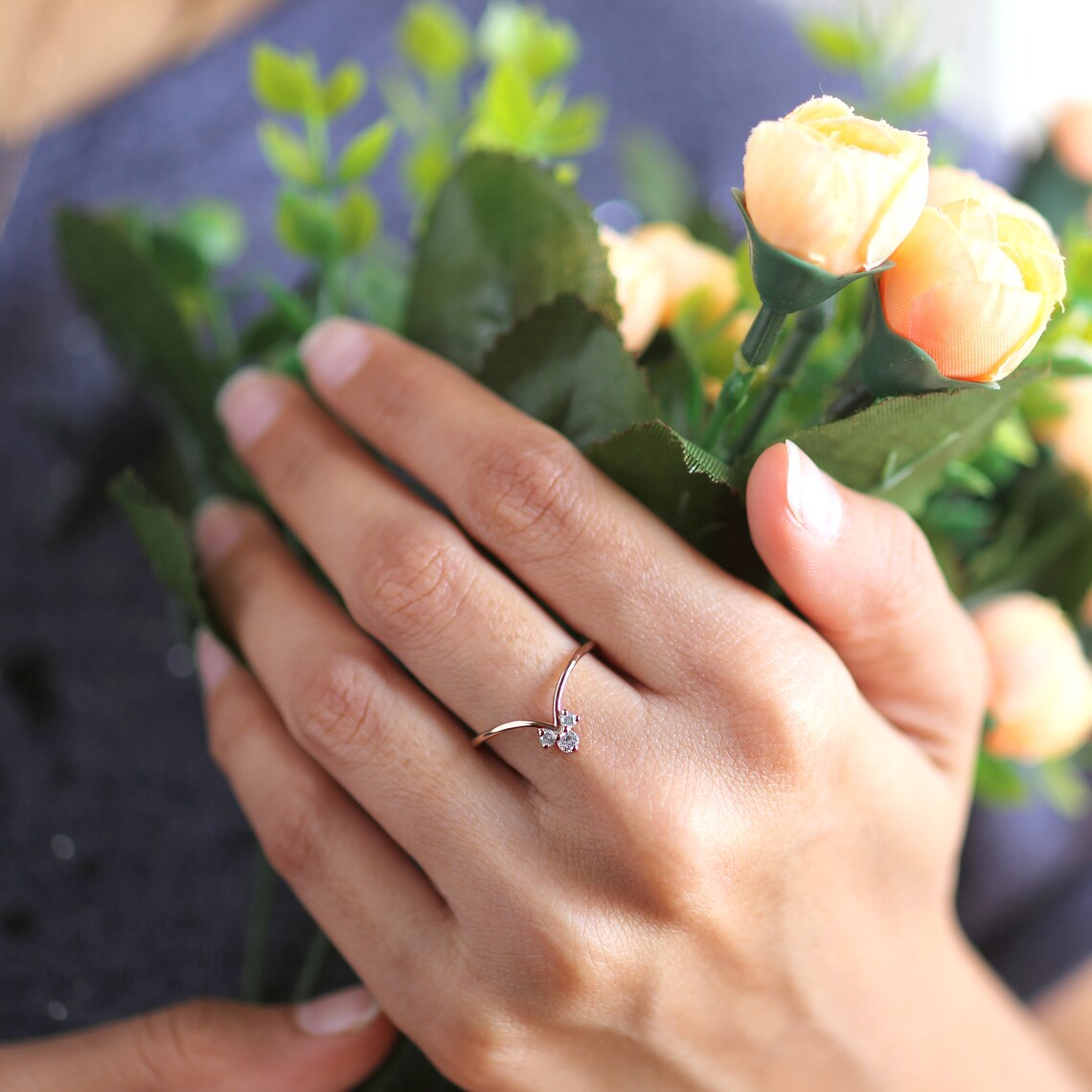 0.35 Ct Round Cut White CZ Rose Gold Over On 925 Sterling Silver Curved Promise Ring