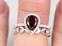 2 CT Pear Cut Ruby Diamond 925 Sterling Silver Halo Wedding Bridal Ring Set