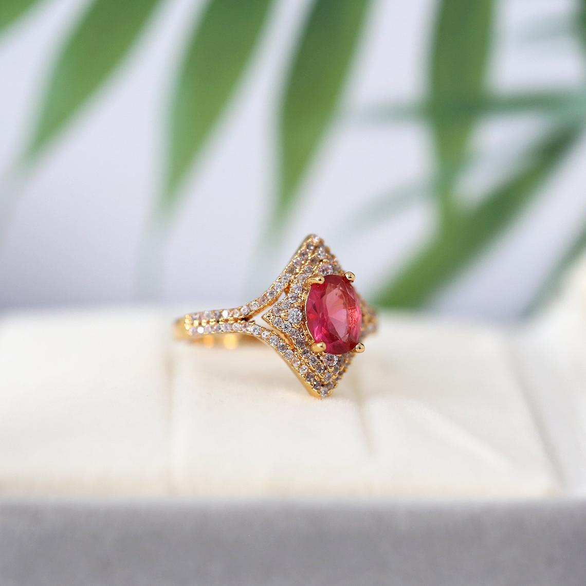 1 CT Oval Cut Red Pink Ruby Diamond Yellow Gold Over On 925 Sterling Silver Double Halo Ring - atjewels.in