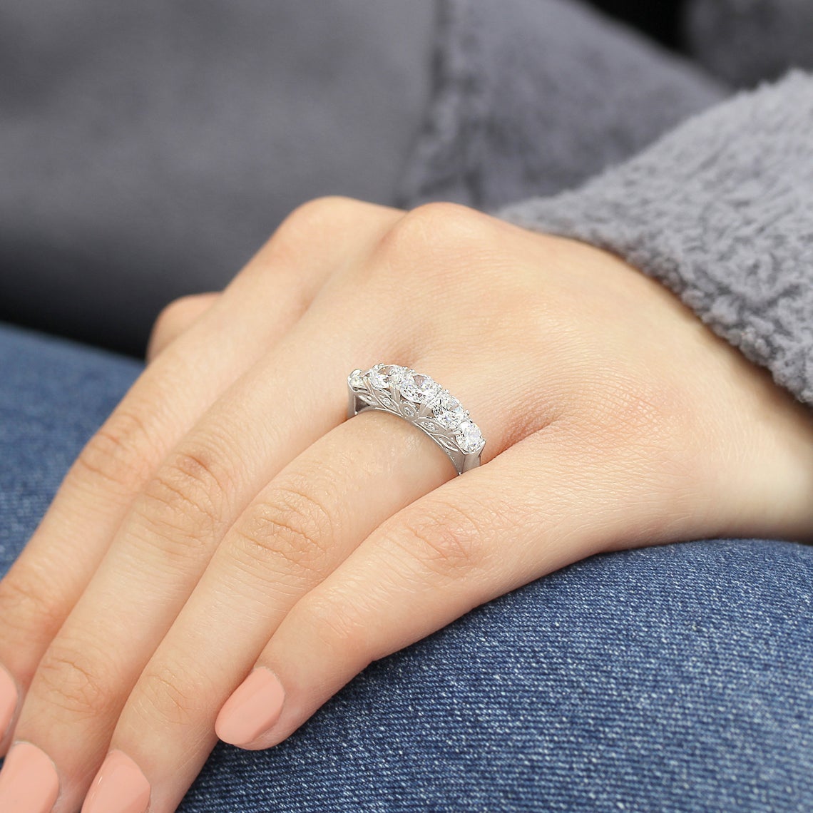 1.75 CT Round Cut CZ Diamond 925 Sterling Silver Five Stone Anniversary Ring