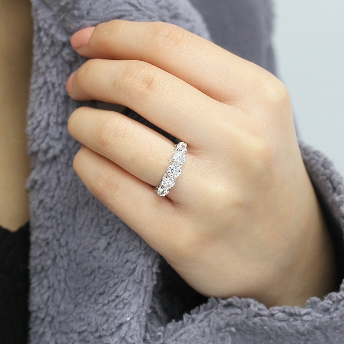 1.75 CT Round Cut CZ Diamond 925 Sterling Silver Five Stone Anniversary Ring