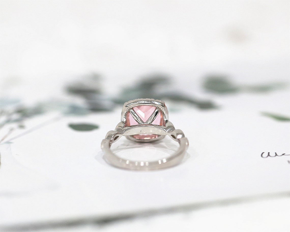 1 CT Cushion Cut Pink Morganite Diamond White Gold Over On 925 Sterling Silver Engagement Halo Ring