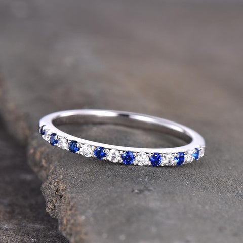 1.20 Ct Round Cut Blue Sapphire & White CZ 925 Sterling Silver Eternity Band Ring