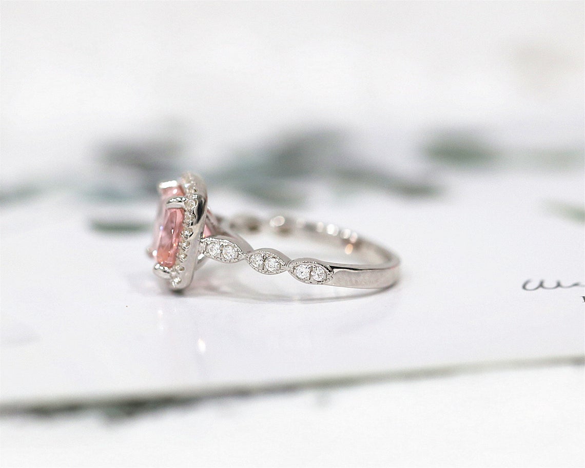 1 CT Cushion Cut Pink Morganite Diamond White Gold Over On 925 Sterling Silver Engagement Halo Ring