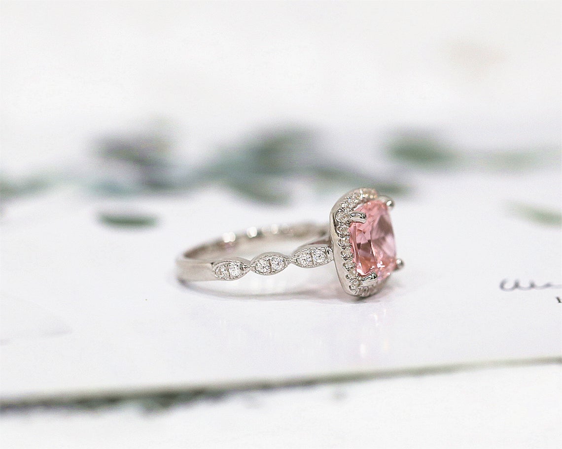 1 CT Cushion Cut Pink Morganite Diamond White Gold Over On 925 Sterling Silver Engagement Halo Ring