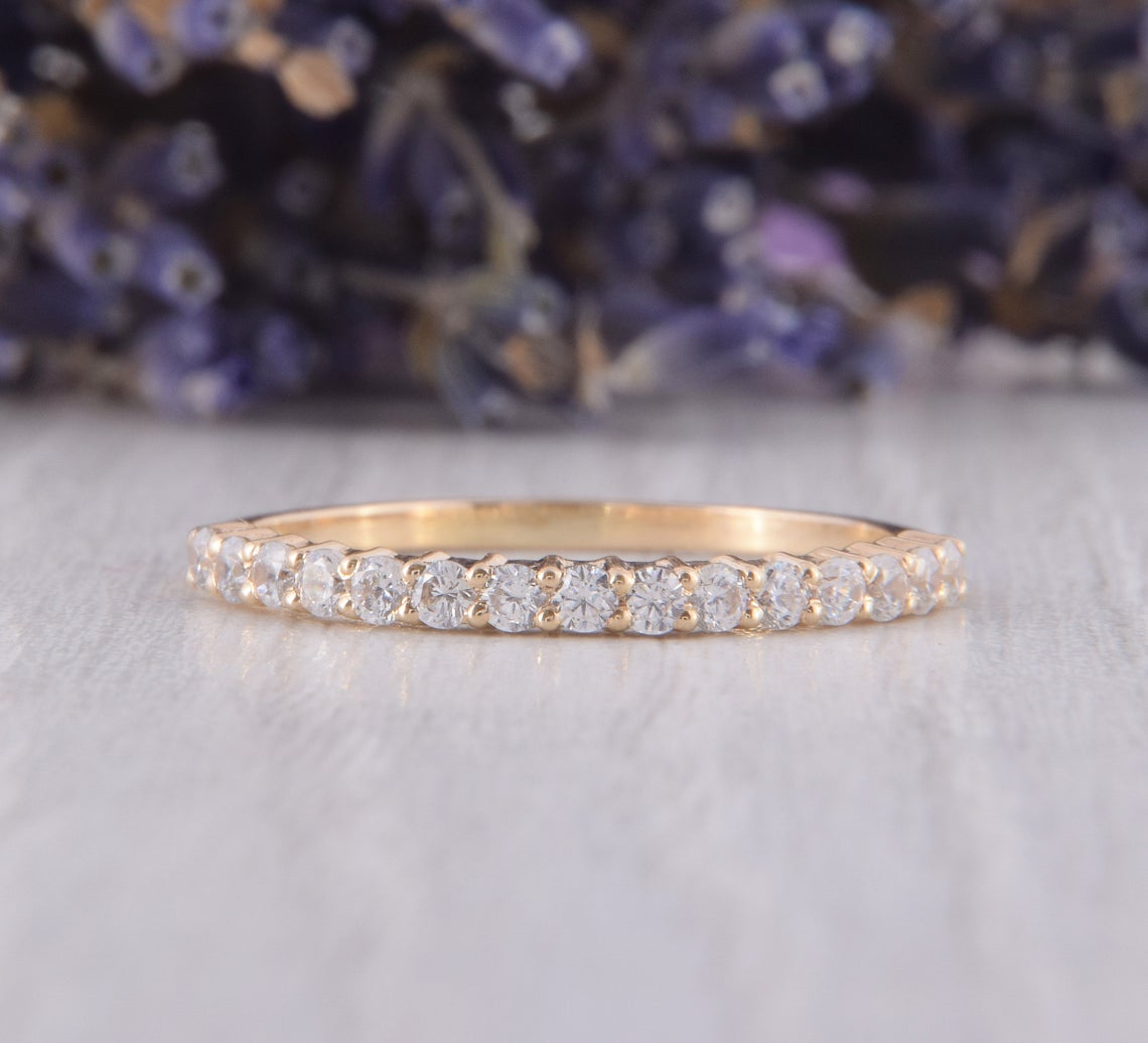 0.75 CT Round Cut CZ Diamond Yellow Gold Over On 925 Sterling Silver Half Eternity Women Wedding Band Ring - atjewels.in