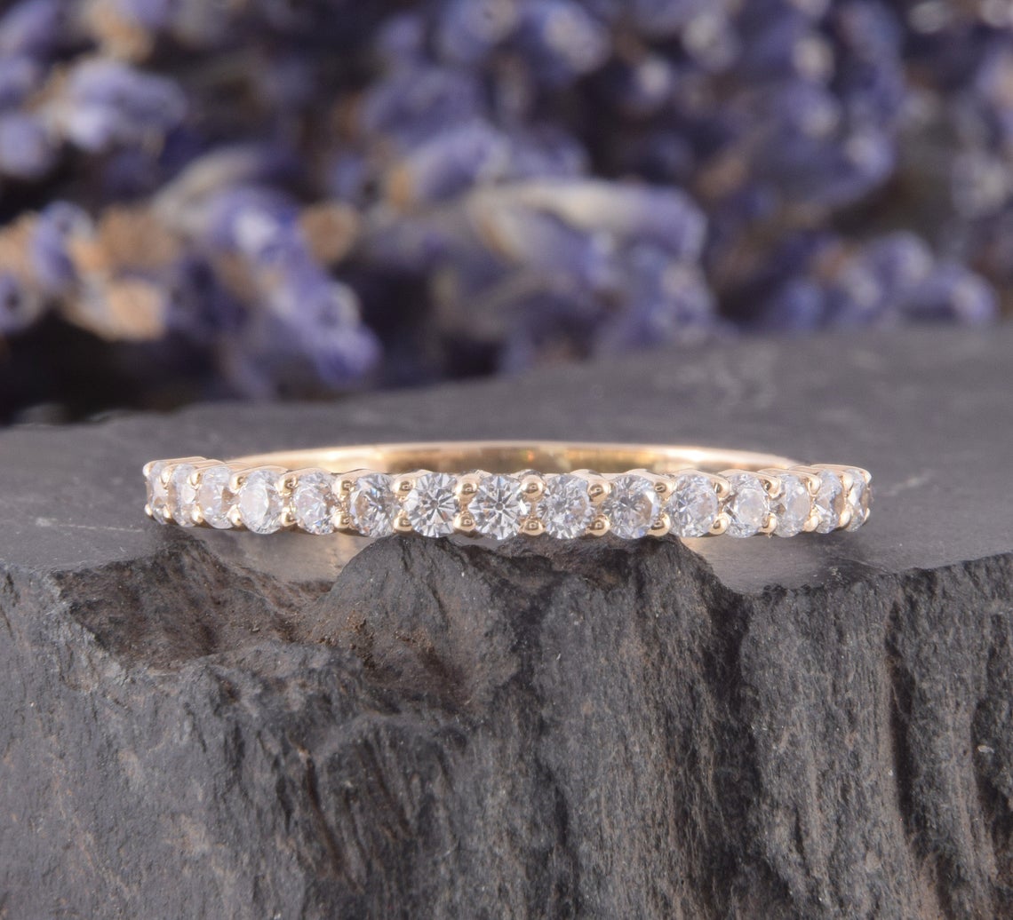 0.75 CT Round Cut CZ Diamond Yellow Gold Over On 925 Sterling Silver Half Eternity Women Wedding Band Ring - atjewels.in