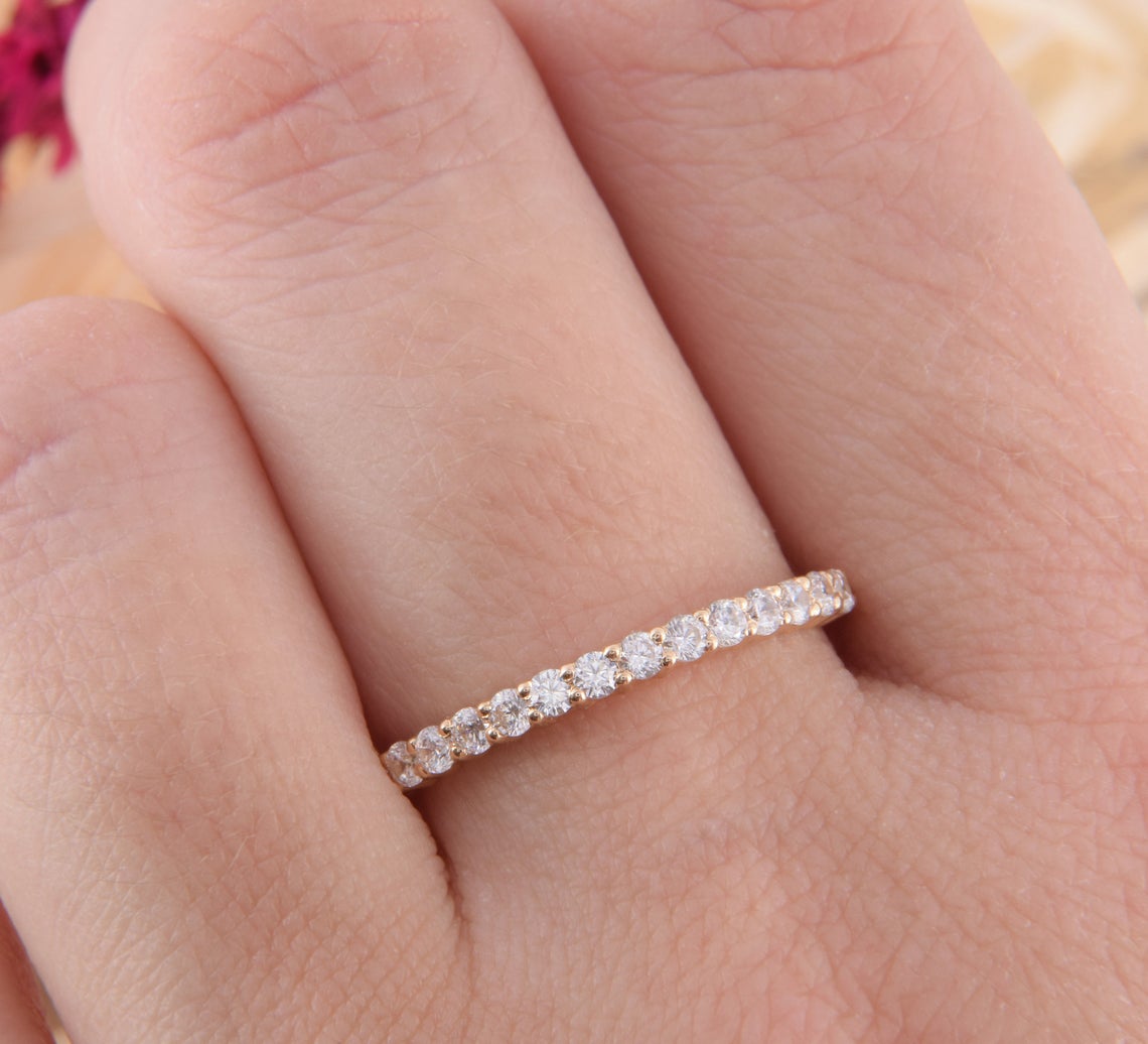 0.75 CT Round Cut CZ Diamond Yellow Gold Over On 925 Sterling Silver Half Eternity Women Wedding Band Ring - atjewels.in