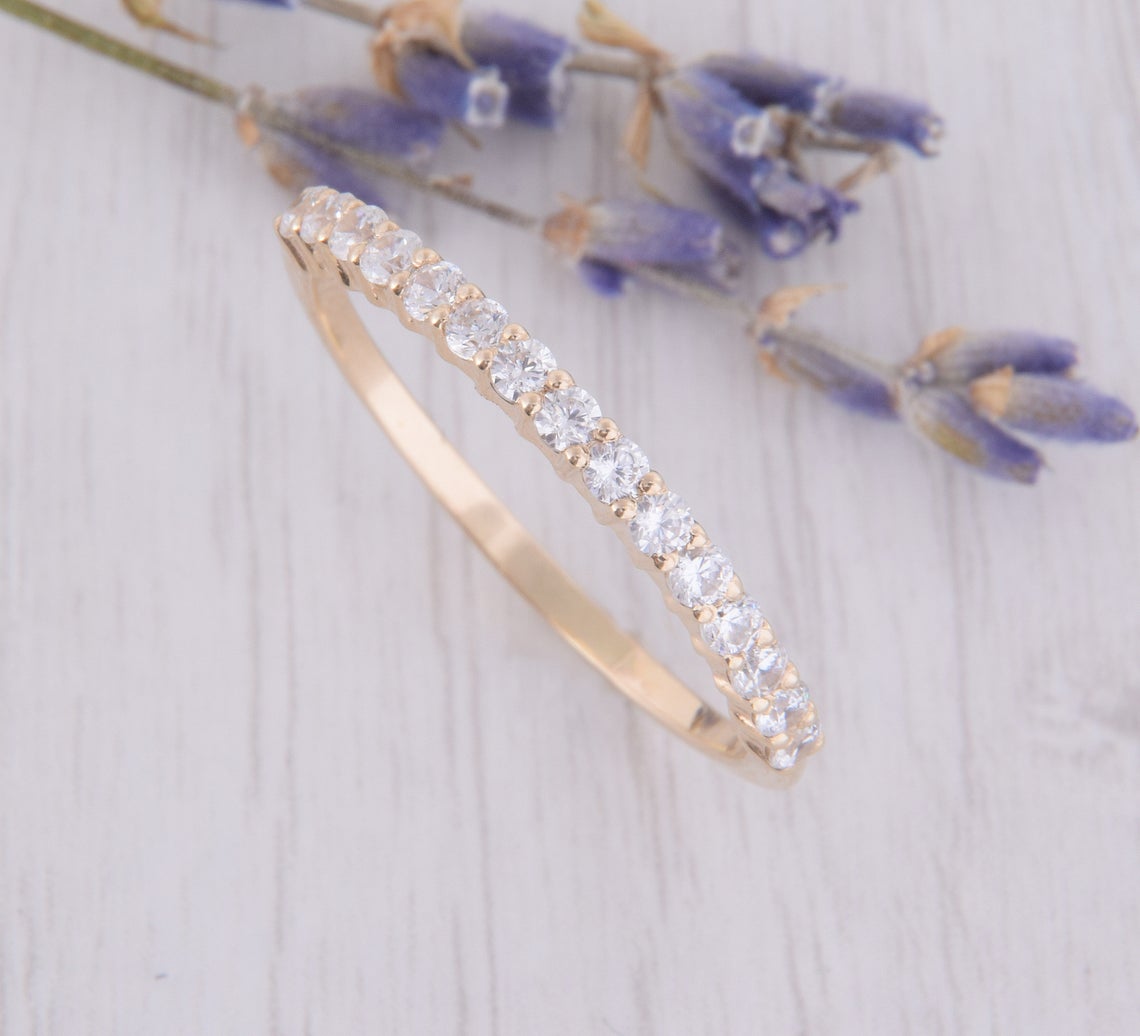 0.75 CT Round Cut CZ Diamond Yellow Gold Over On 925 Sterling Silver Half Eternity Women Wedding Band Ring - atjewels.in