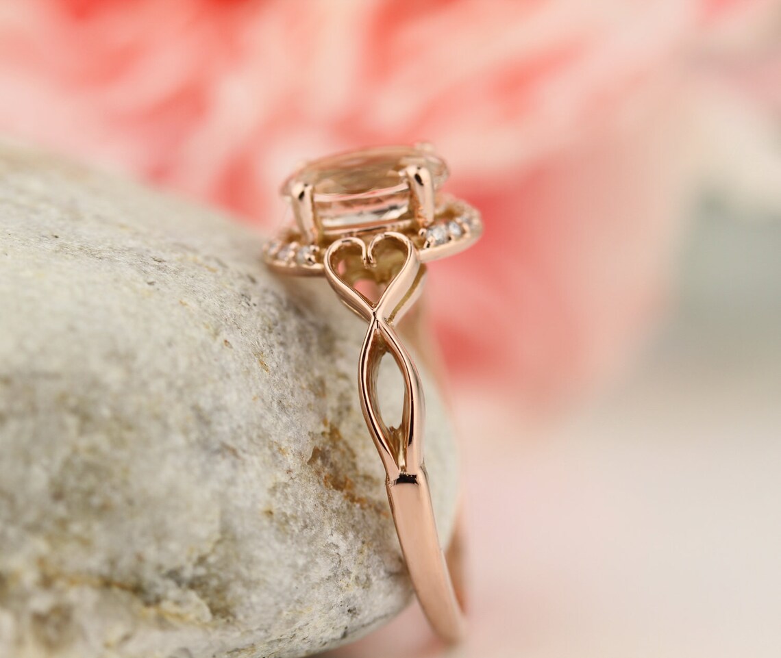 1 CT Oval Cut Peach Morganite Rose Gold Over On 925 Sterling Silver Halo Engagement Ring