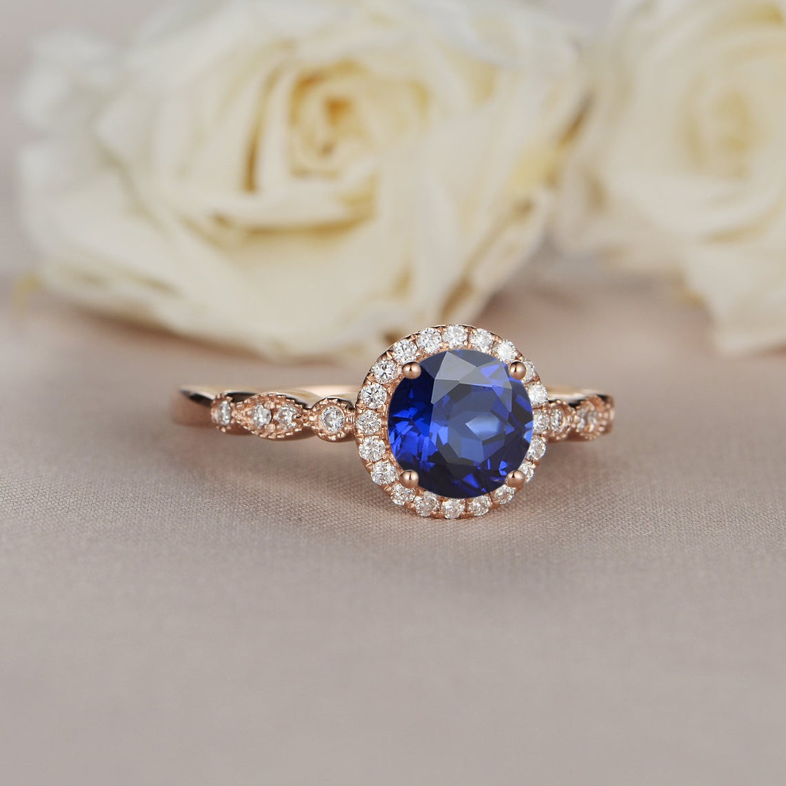 1 CT 925 Sterling Silver Sapphire Round Cut Diamond Engagement Halo Ring