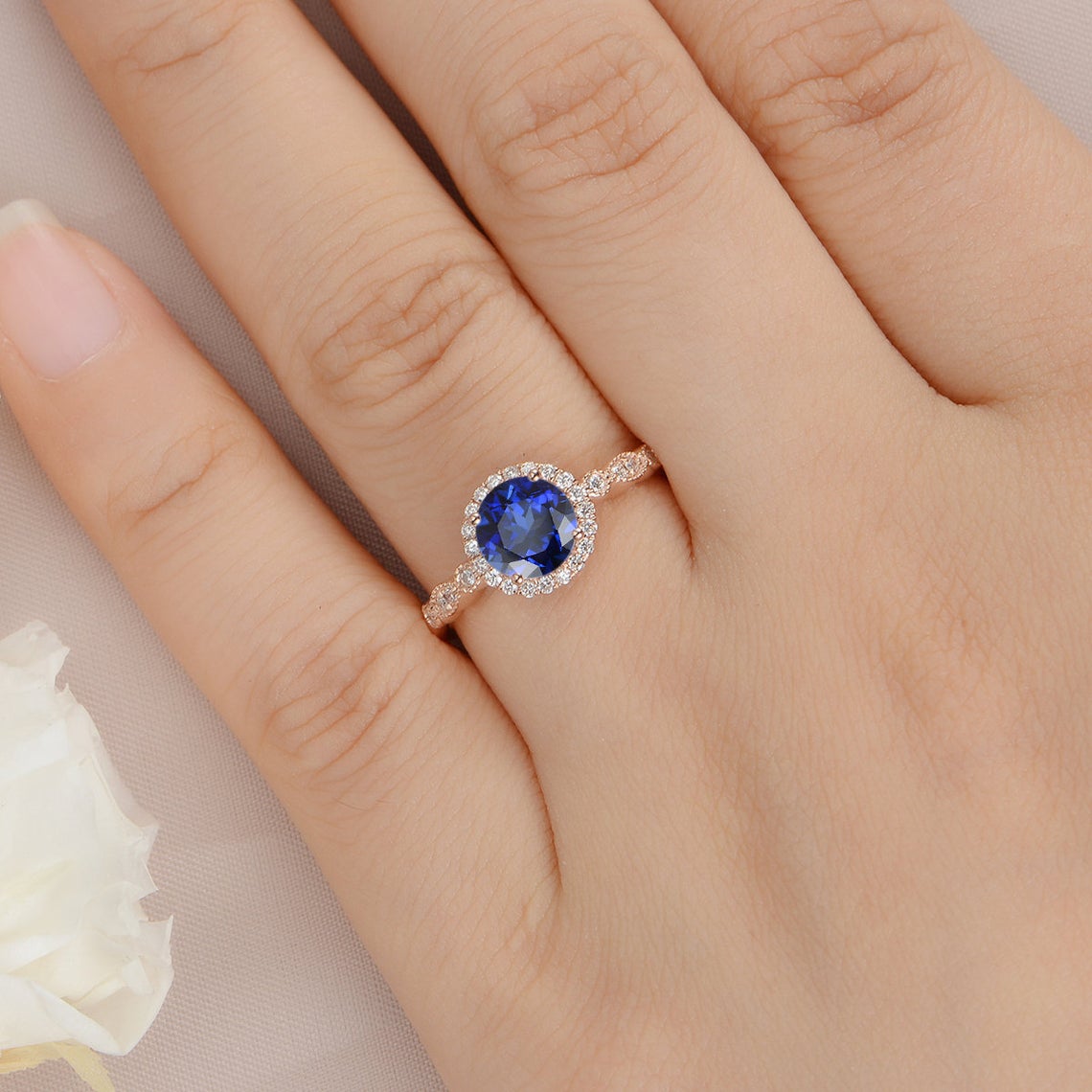 1 CT 925 Sterling Silver Sapphire Round Cut Diamond Engagement Halo Ring