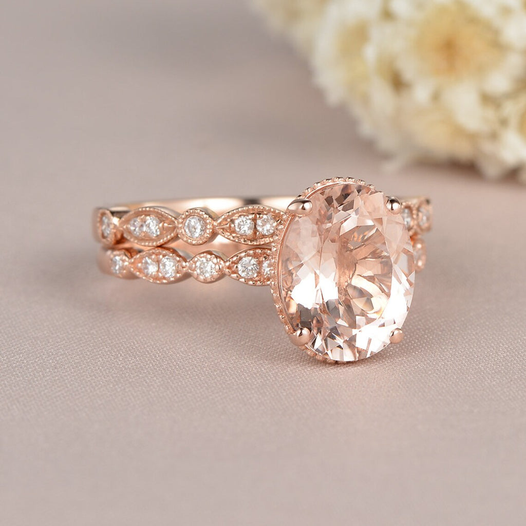 1 CT Oval Cut Morganite Rose Gold Over On 925 Sterling Silver Engagement Ring Set