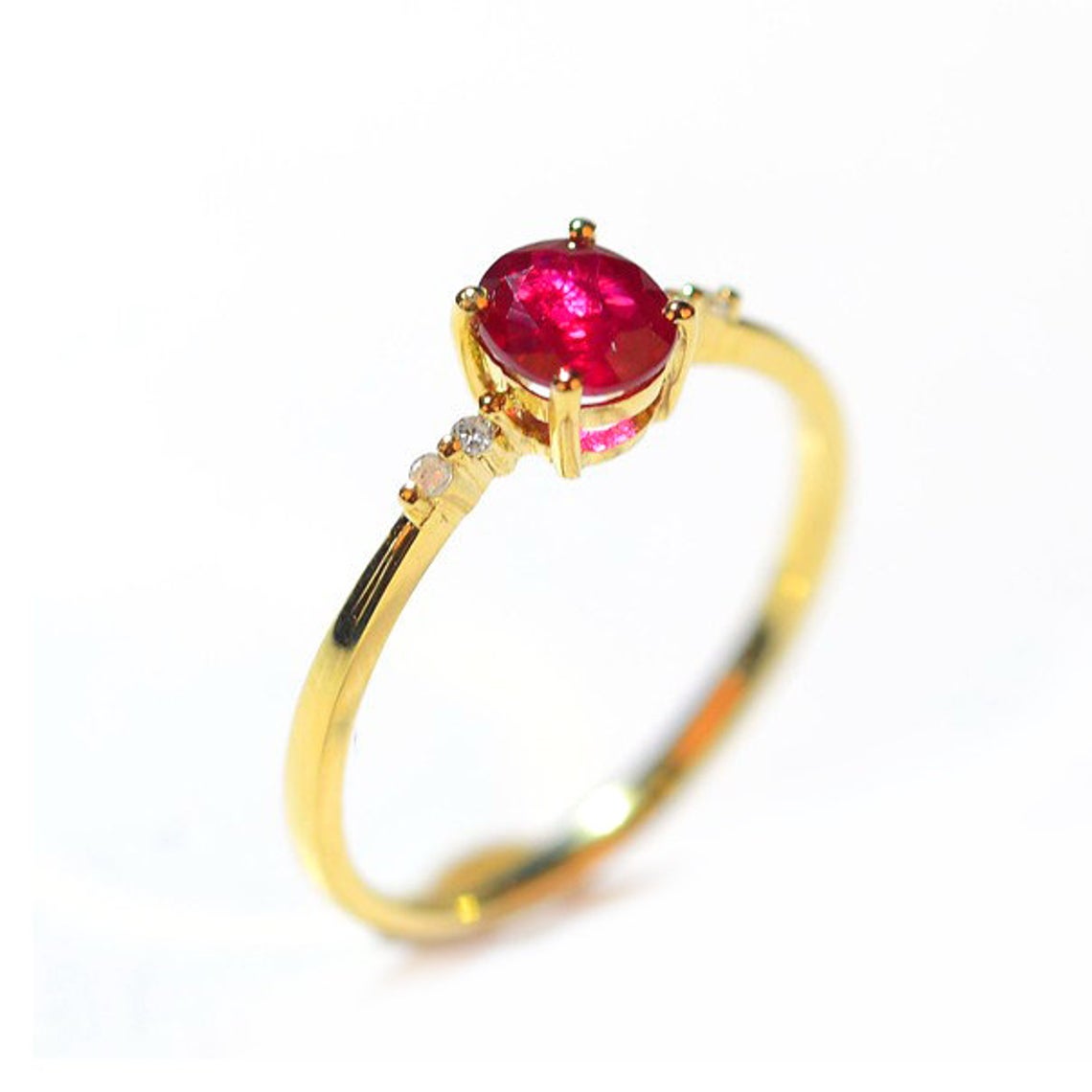 1 CT Oval Cut Pink Ruby Diamond Yellow Gold Over On 925 Sterling Silver Solitaire With Accents Ring
