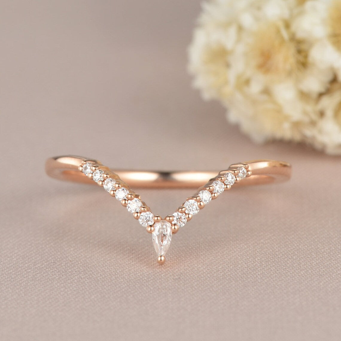 1.20 Ct Pear & Round Cut White CZ Rose Gold Over On 925 Sterling Silver V Shape Band Ring - atjewels.in