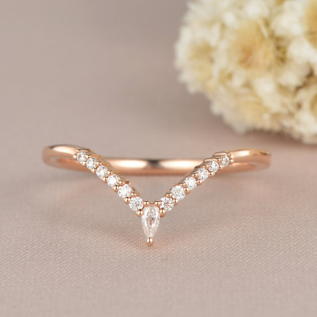 1.20 Ct Pear & Round Cut White CZ Rose Gold Over On 925 Sterling Silver V Shape Band Ring