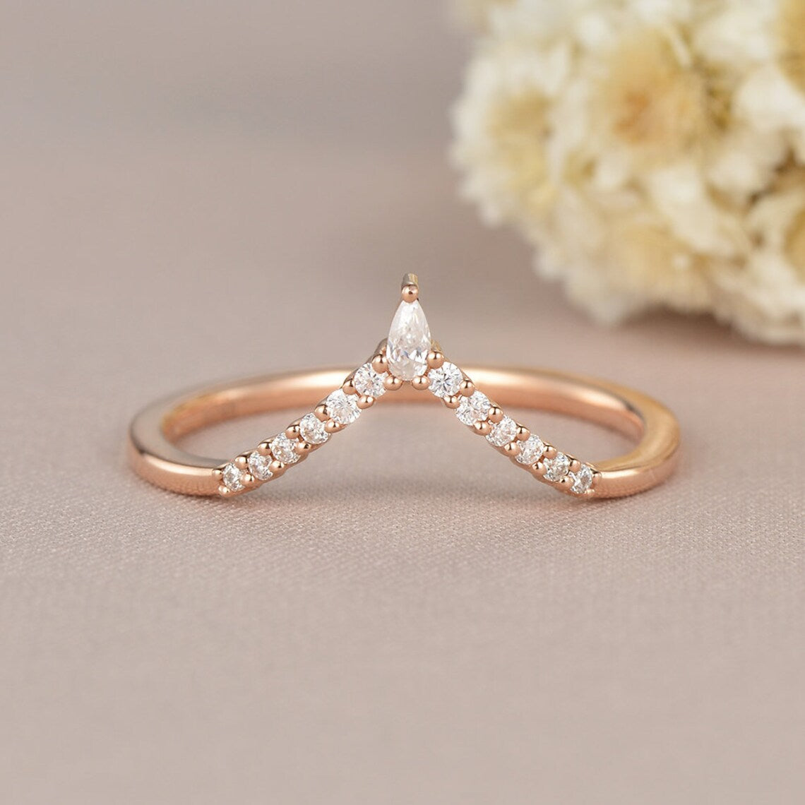 1.20 Ct Pear & Round Cut White CZ Rose Gold Over On 925 Sterling Silver V Shape Band Ring - atjewels.in