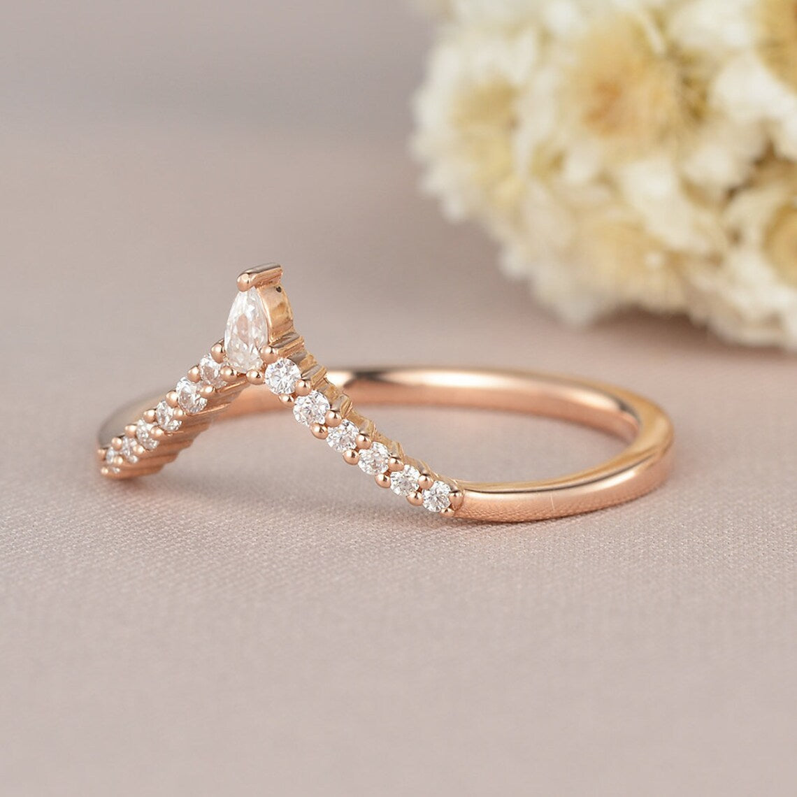 Ct Pear Round Cut White CZ Rose Gold Over On 925 Sterling Silver V  Shape Band Ring