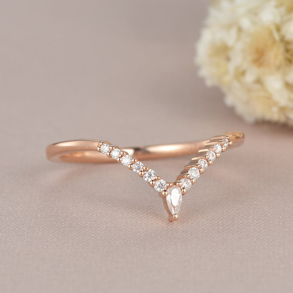 1.20 Ct Pear & Round Cut White CZ Rose Gold Over On 925 Sterling Silver V Shape Band Ring