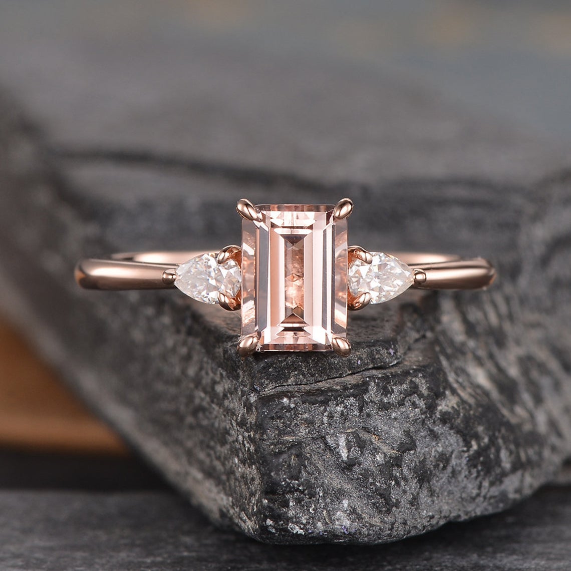 2.50 Ct Emerald Cut Peach Morganite 925 Sterling Silver Three-Stone Promise Gift Ring