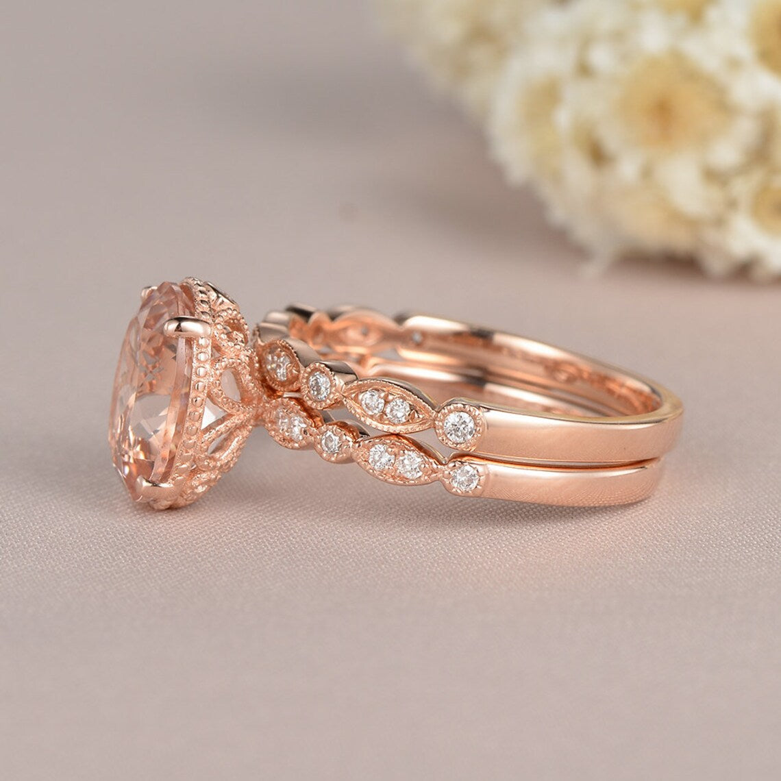 1 CT Oval Cut Morganite Rose Gold Over On 925 Sterling Silver Engagement Ring Set