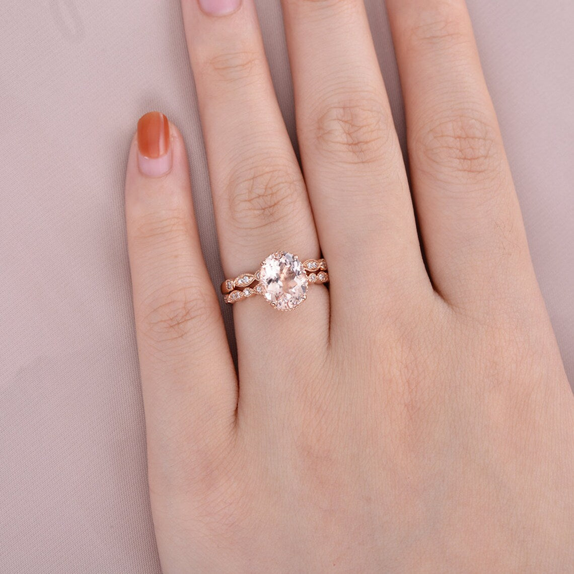 1 CT Oval Cut Morganite Rose Gold Over On 925 Sterling Silver Engagement Ring Set