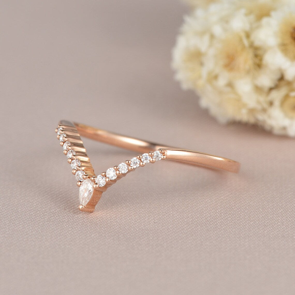 1.20 Ct Pear & Round Cut White CZ Rose Gold Over On 925 Sterling Silver V Shape Band Ring - atjewels.in