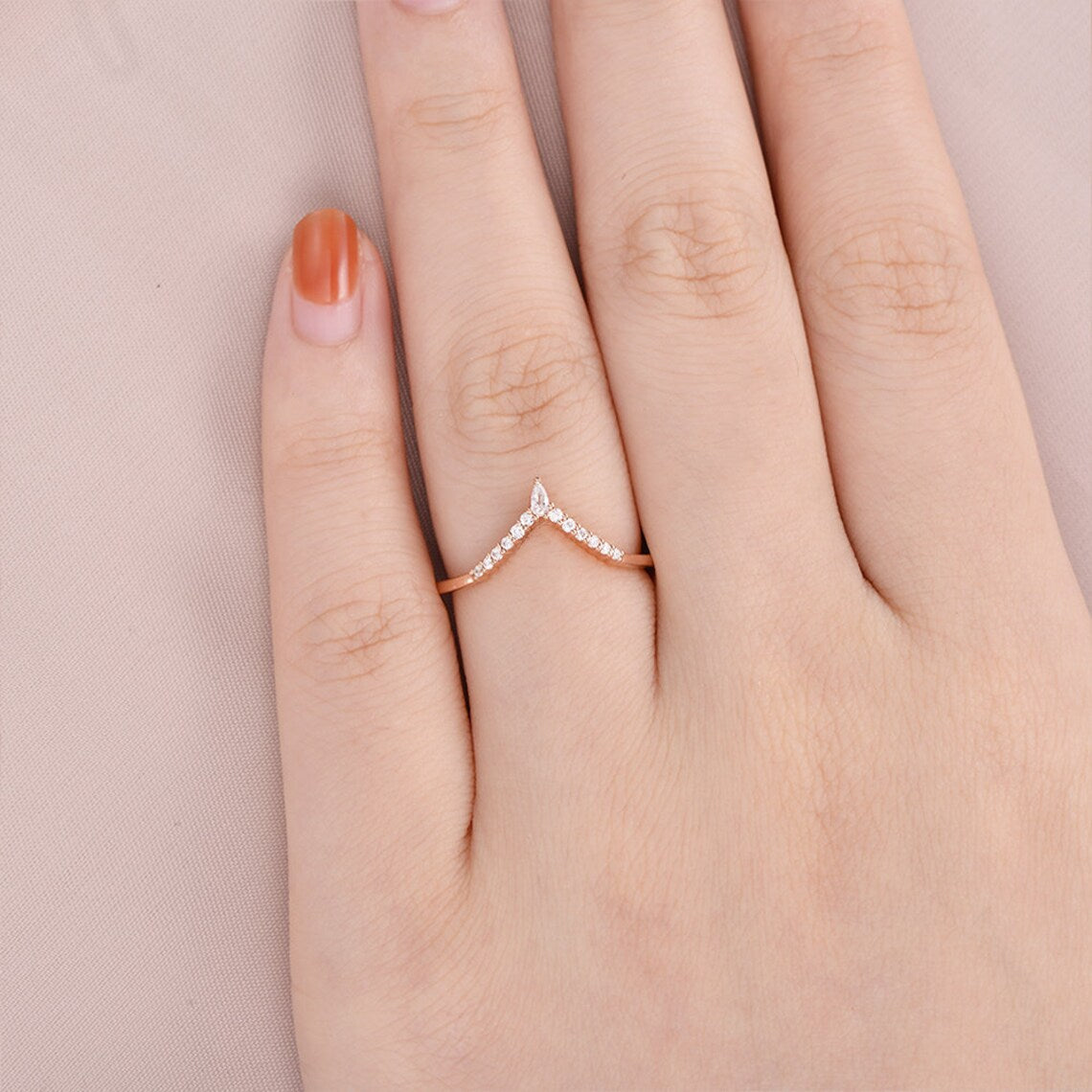 1.20 Ct Pear & Round Cut White CZ Rose Gold Over On 925 Sterling Silver V Shape Band Ring - atjewels.in