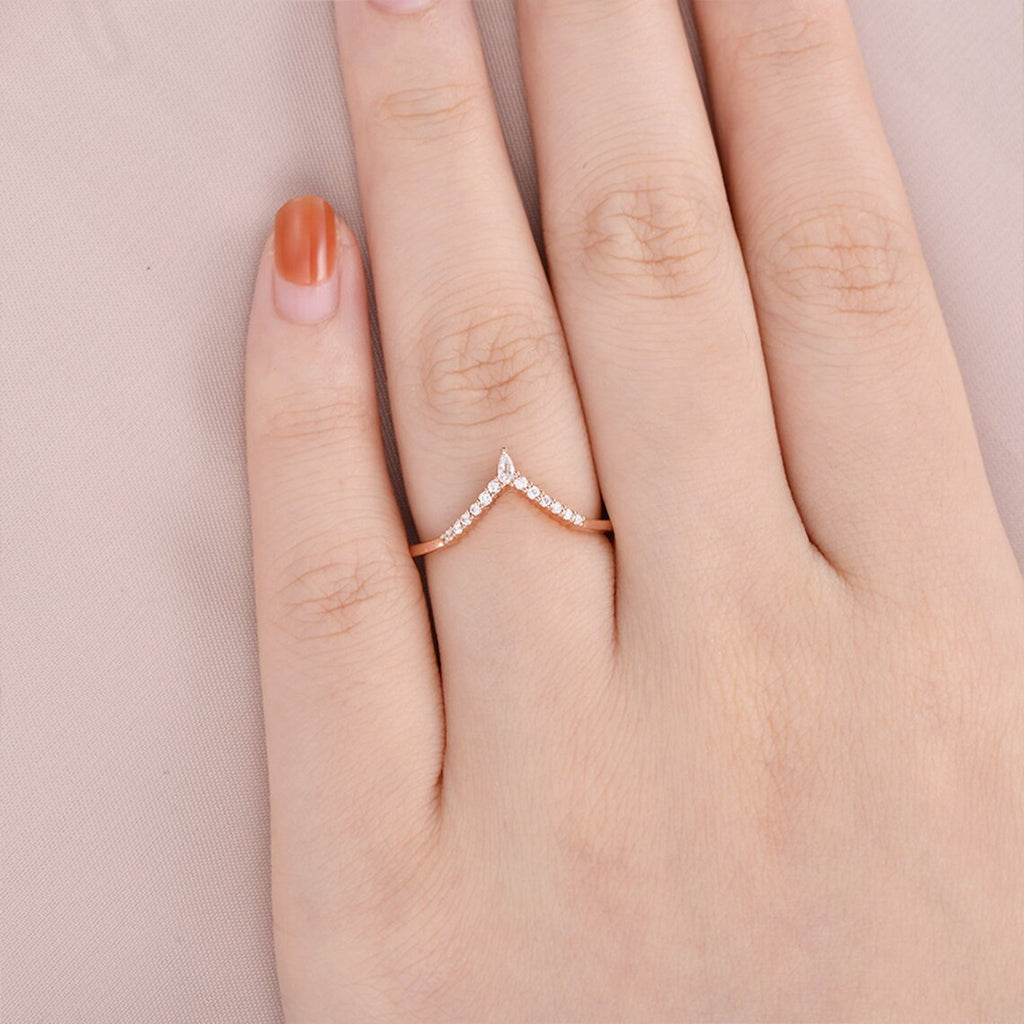 1.20 Ct Pear & Round Cut White CZ Rose Gold Over On 925 Sterling Silver V Shape Band Ring