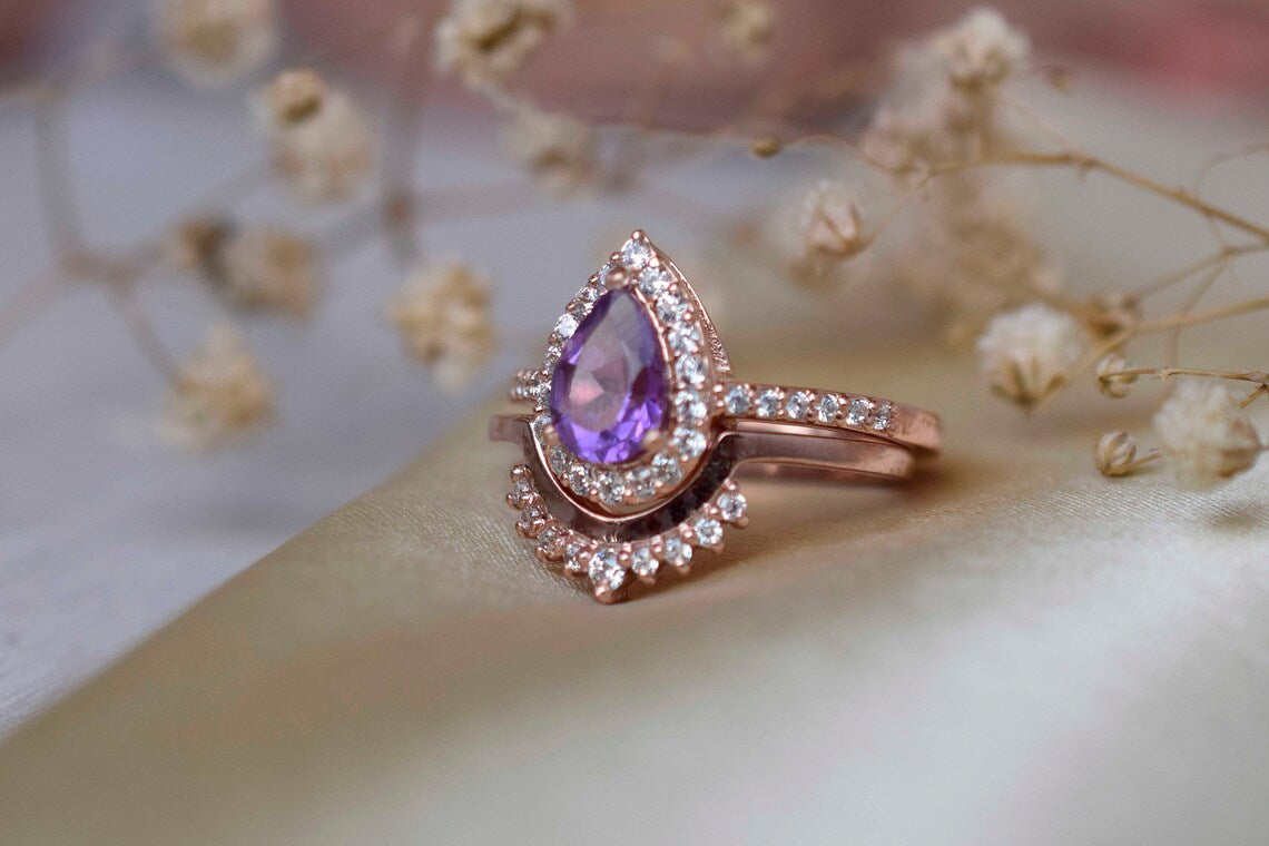 1 CT Pear Cut Amethyst CZ Diamond Rose Gold Over On 925 Sterling Silver Halo Bridal Ring Set