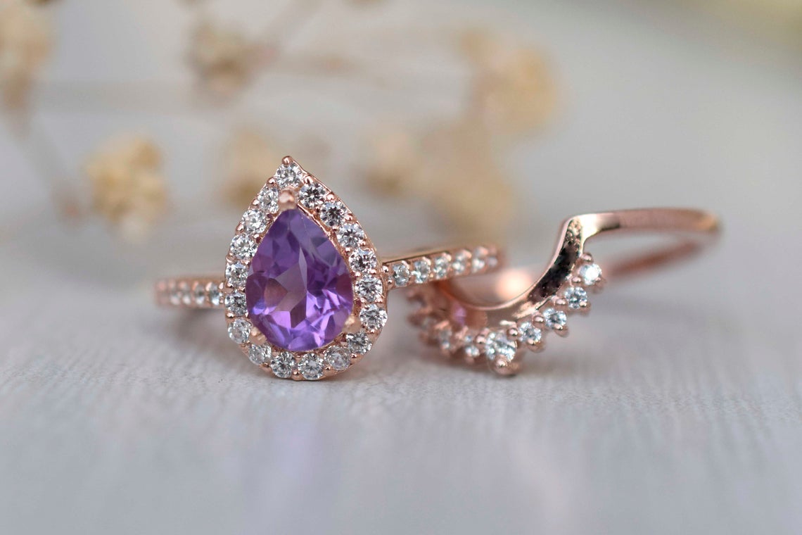 3 CT Pear Cut Amethyst Diamond  925 Sterling Silver Halo Wedding Bridal Ring Set