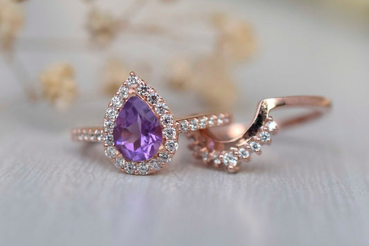 1 CT Pear Cut Amethyst CZ Diamond Rose Gold Over On 925 Sterling Silver Halo Bridal Ring Set