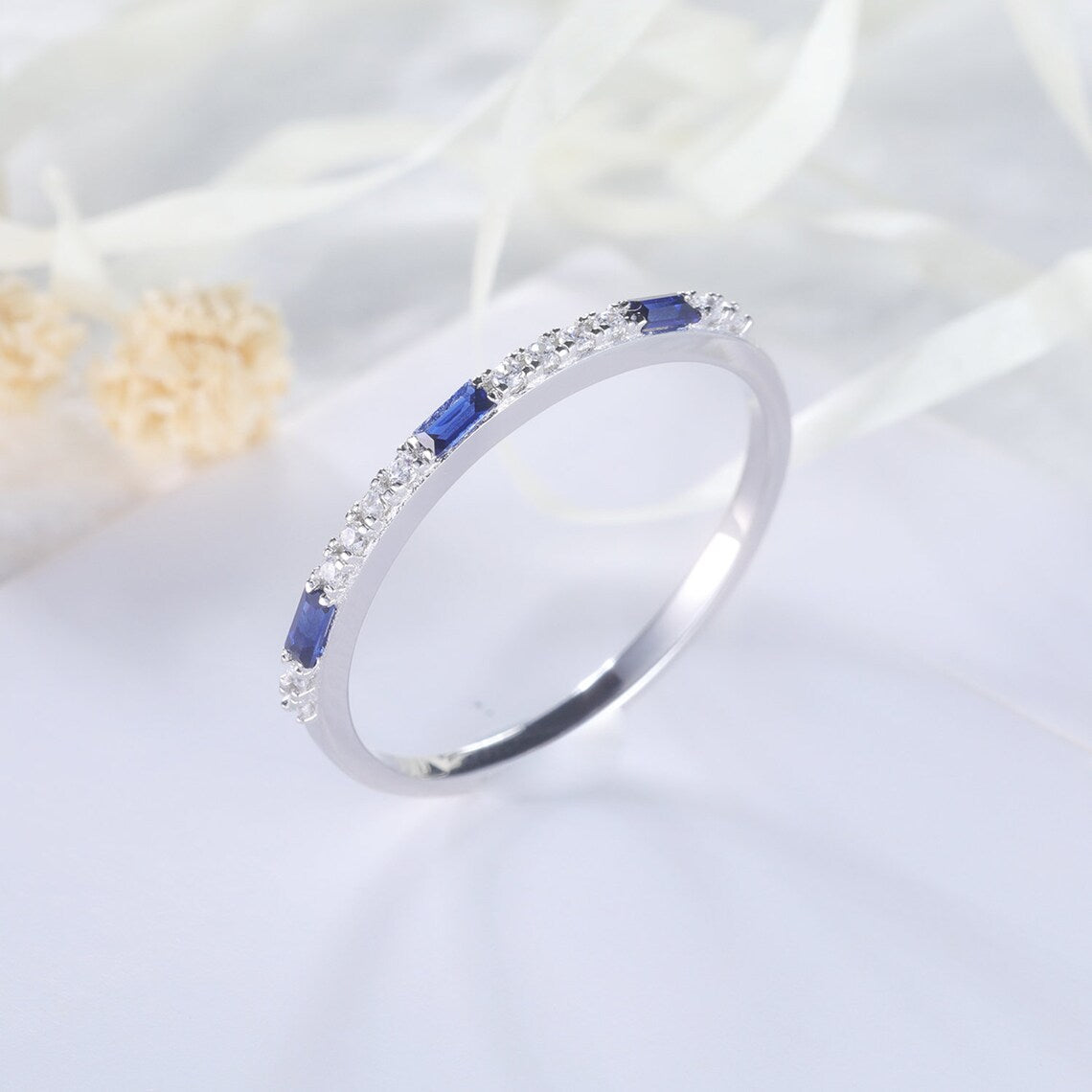 1.75 Ct Baguette Cut Blue Sapphire Half Eternity Promise Ring 925 Sterling Silver