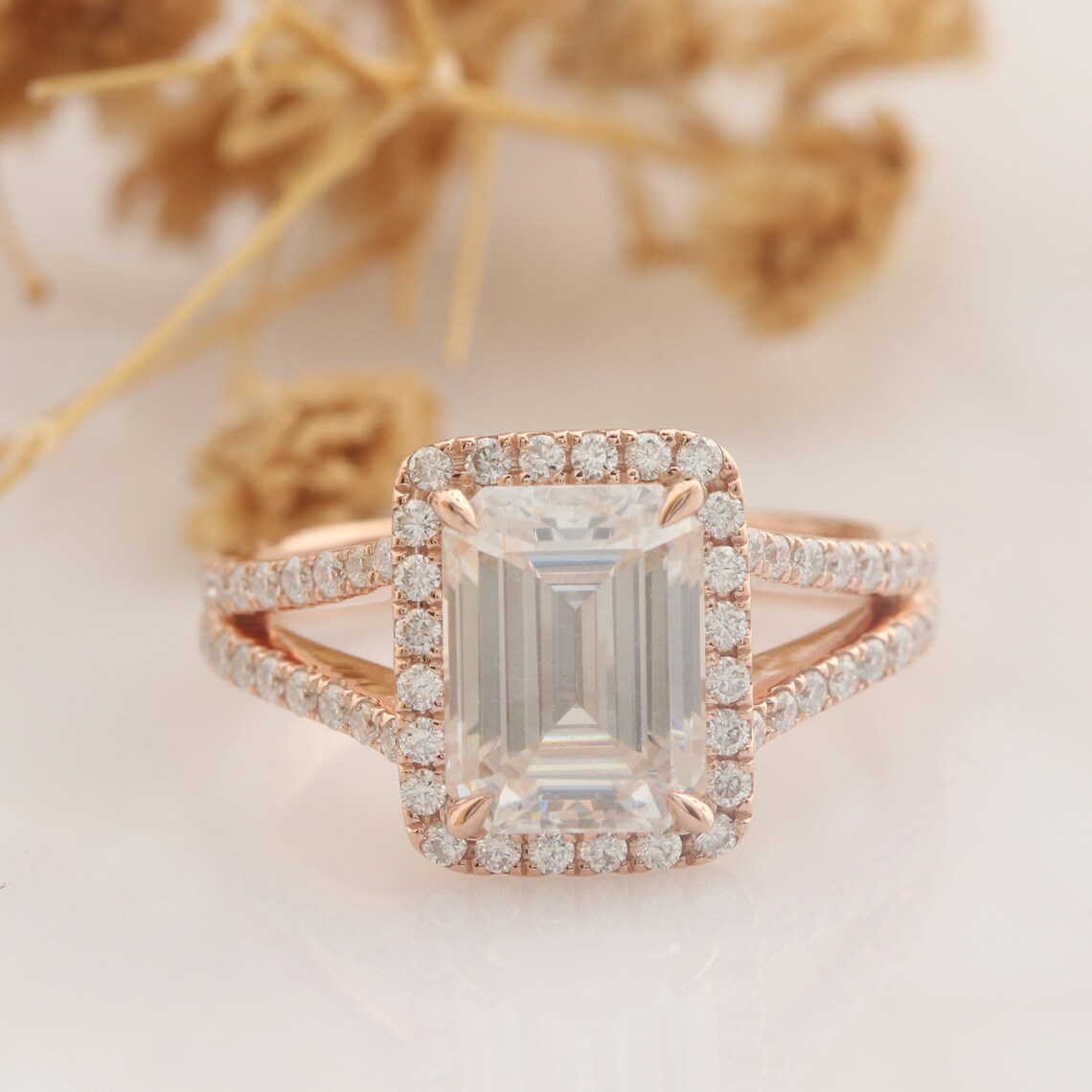 2 CT Emerald Cut Rose Gold Over On 925 Sterling Silver Split Shanks Accents Engagement Ring - atjewels.in