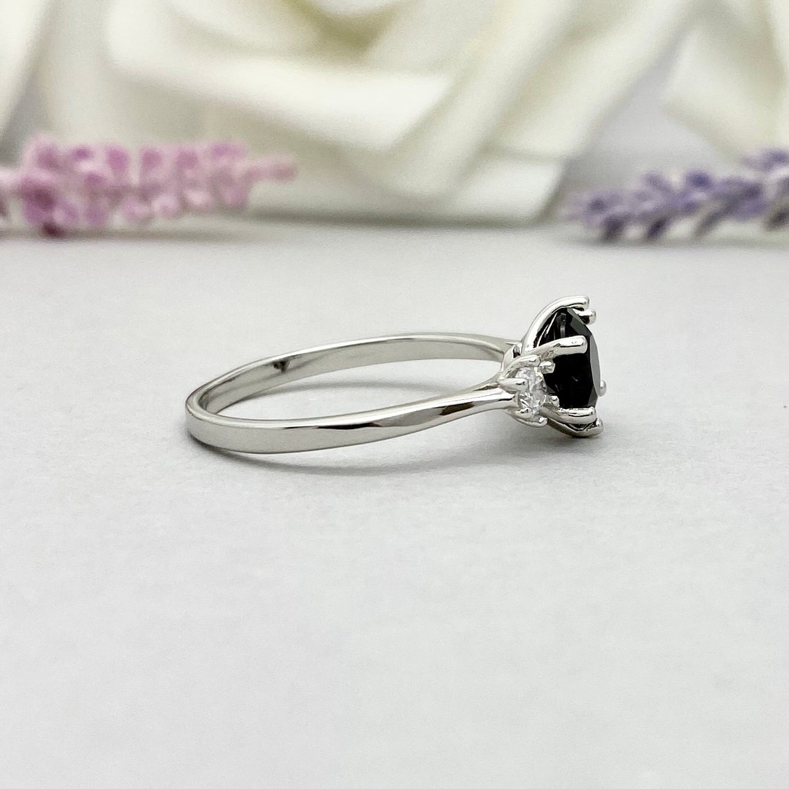 1 CT Round Cut Black Onyx Diamond 925 Sterling Silver Three Stone Wedding Promise Ring