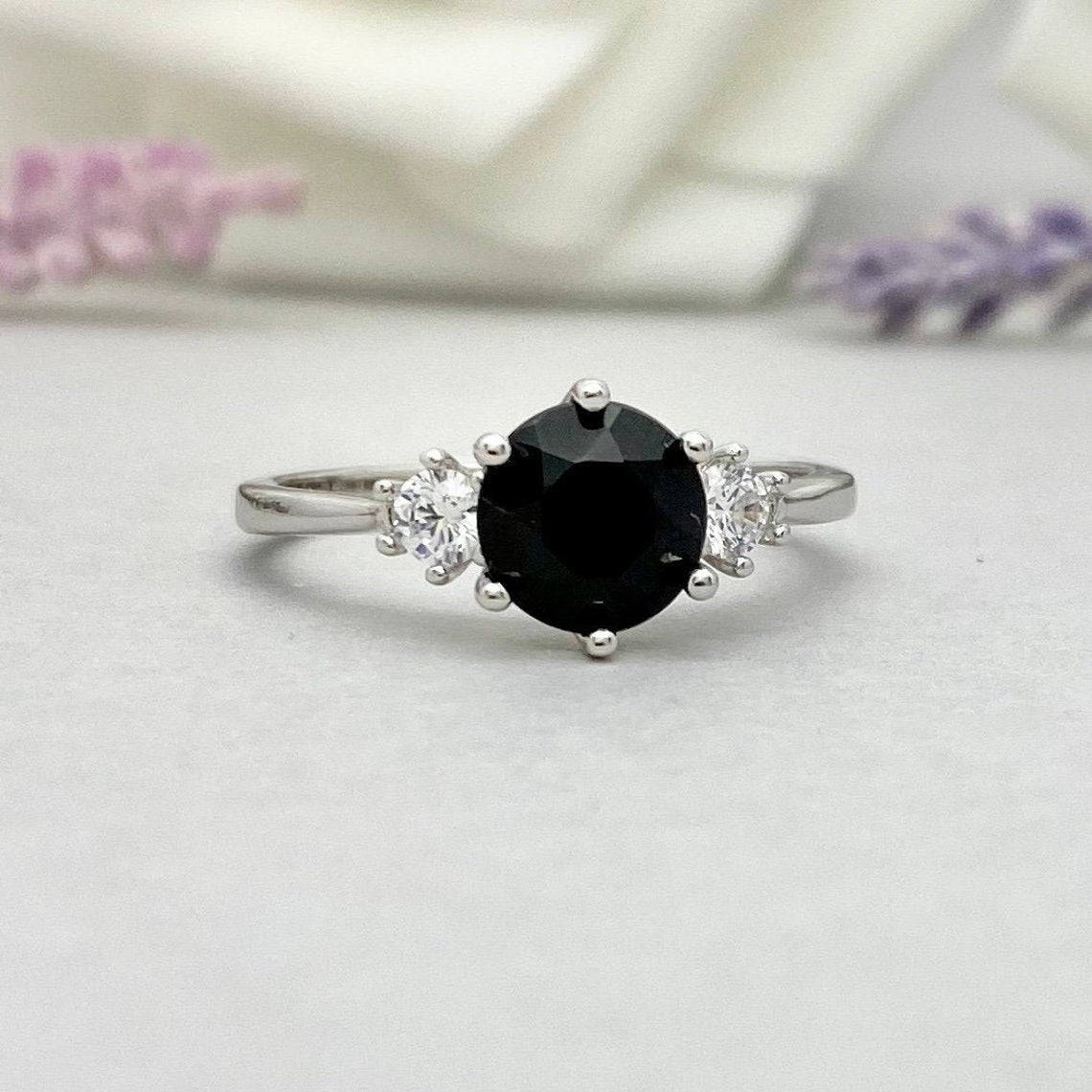 1 CT Round Cut Black Onyx Diamond 925 Sterling Silver Three Stone Wedding Promise Ring