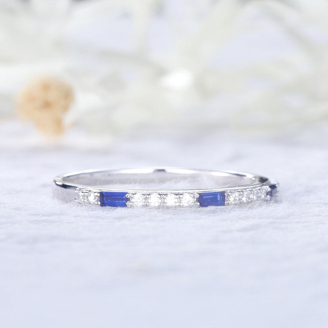 1.75 Ct Baguette Cut Blue Sapphire Half Eternity Promise Ring 925 Sterling Silver