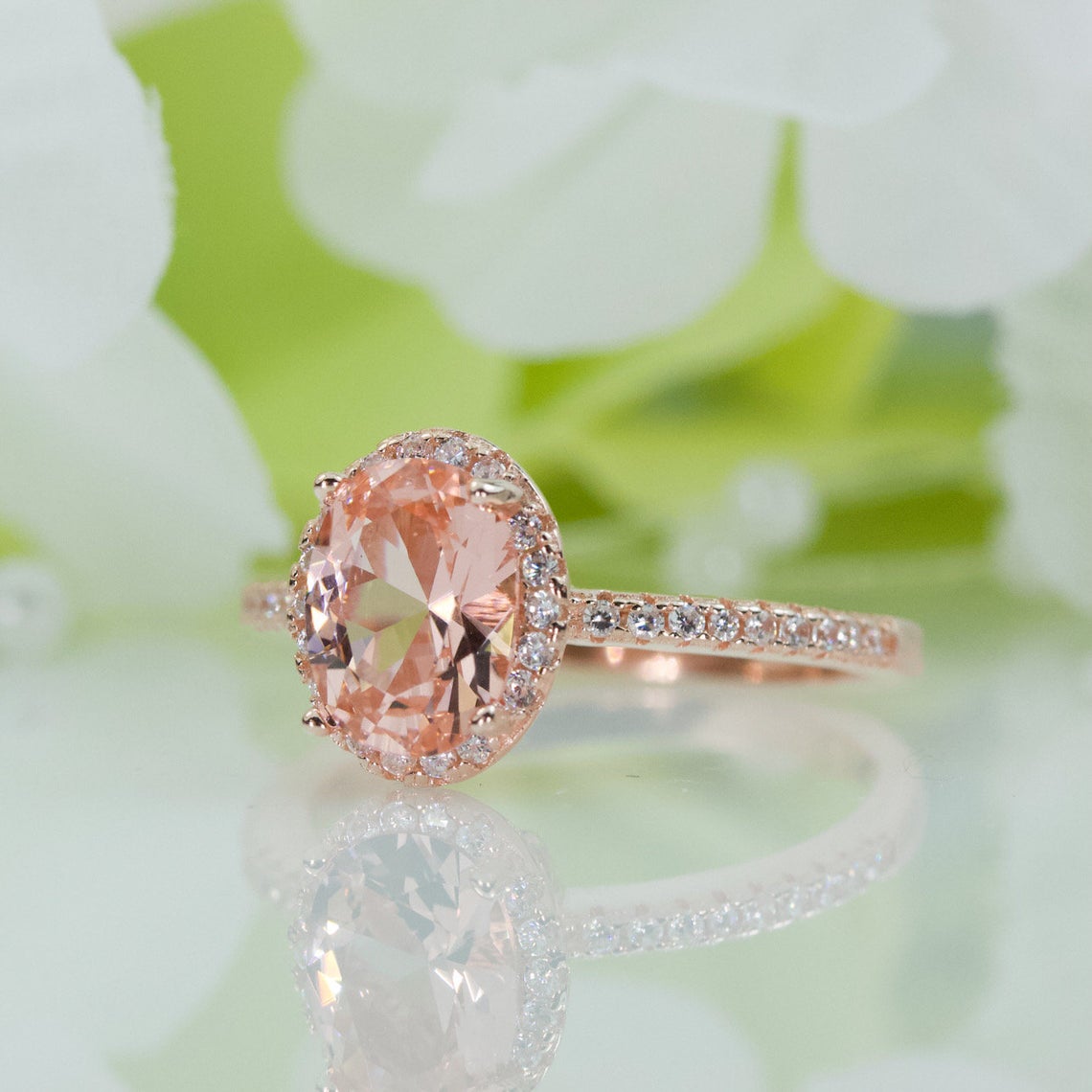 1 CT Oval Cut Morganite Diamond Rose Gold Over On 925 Sterling Silver Halo Engagement Ring