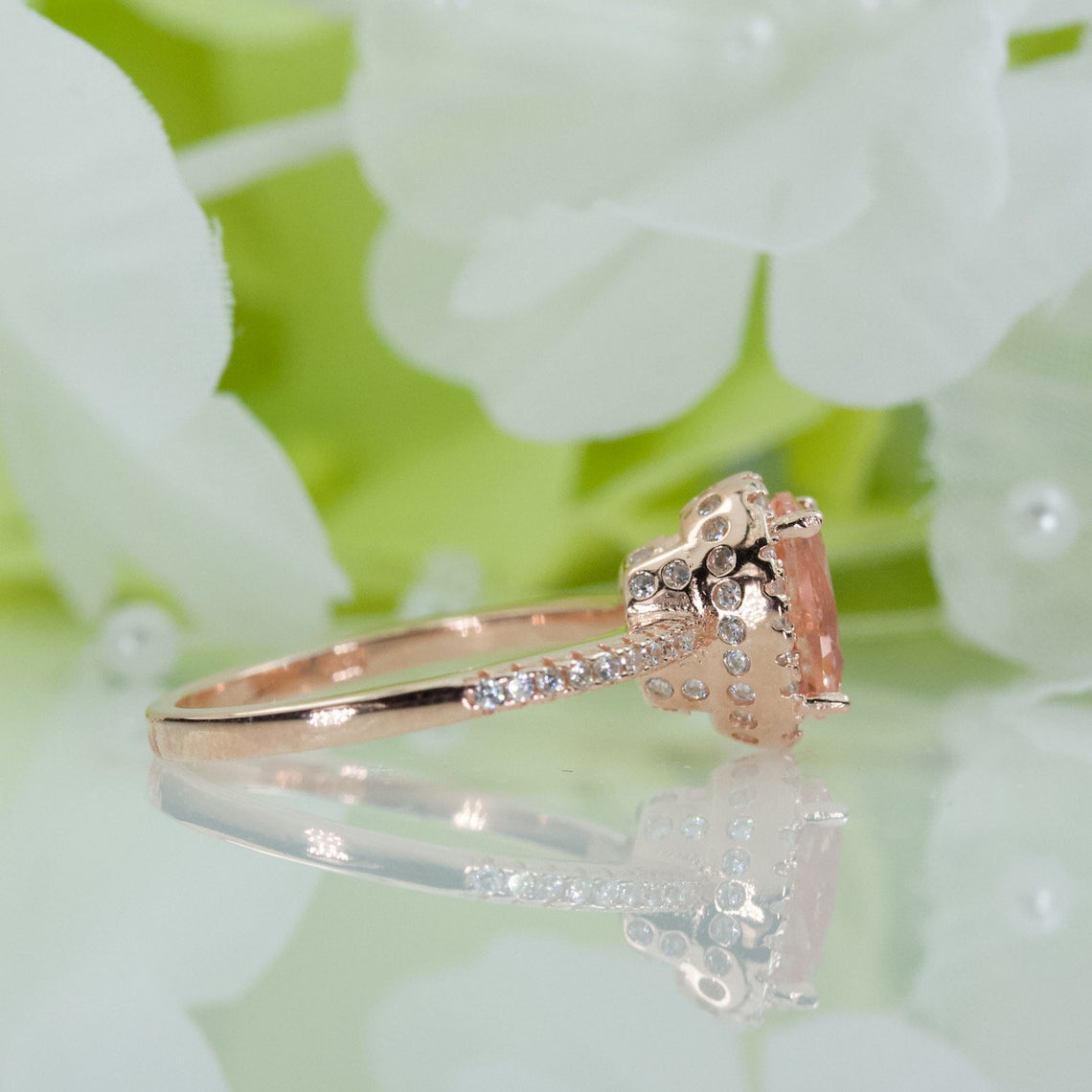 1 CT Oval Cut Morganite Diamond Rose Gold Over On 925 Sterling Silver Halo Engagement Ring