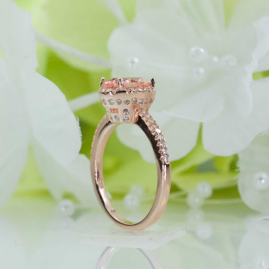 1 CT Oval Cut Morganite Diamond Rose Gold Over On 925 Sterling Silver Halo Engagement Ring