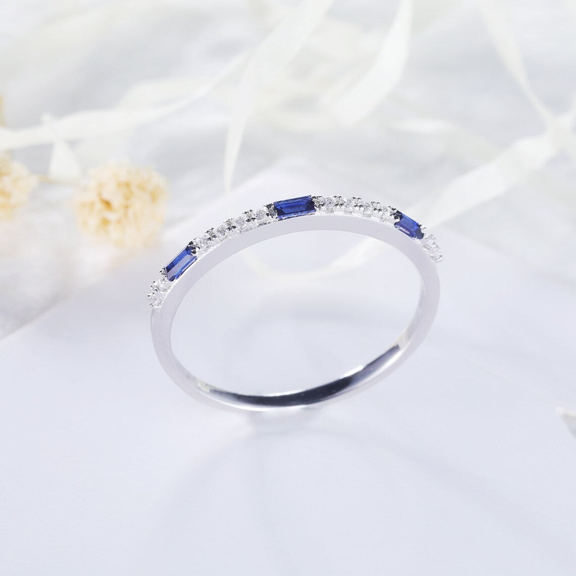 1.75 Ct Baguette Cut Blue Sapphire Half Eternity Promise Ring 925 Sterling Silver