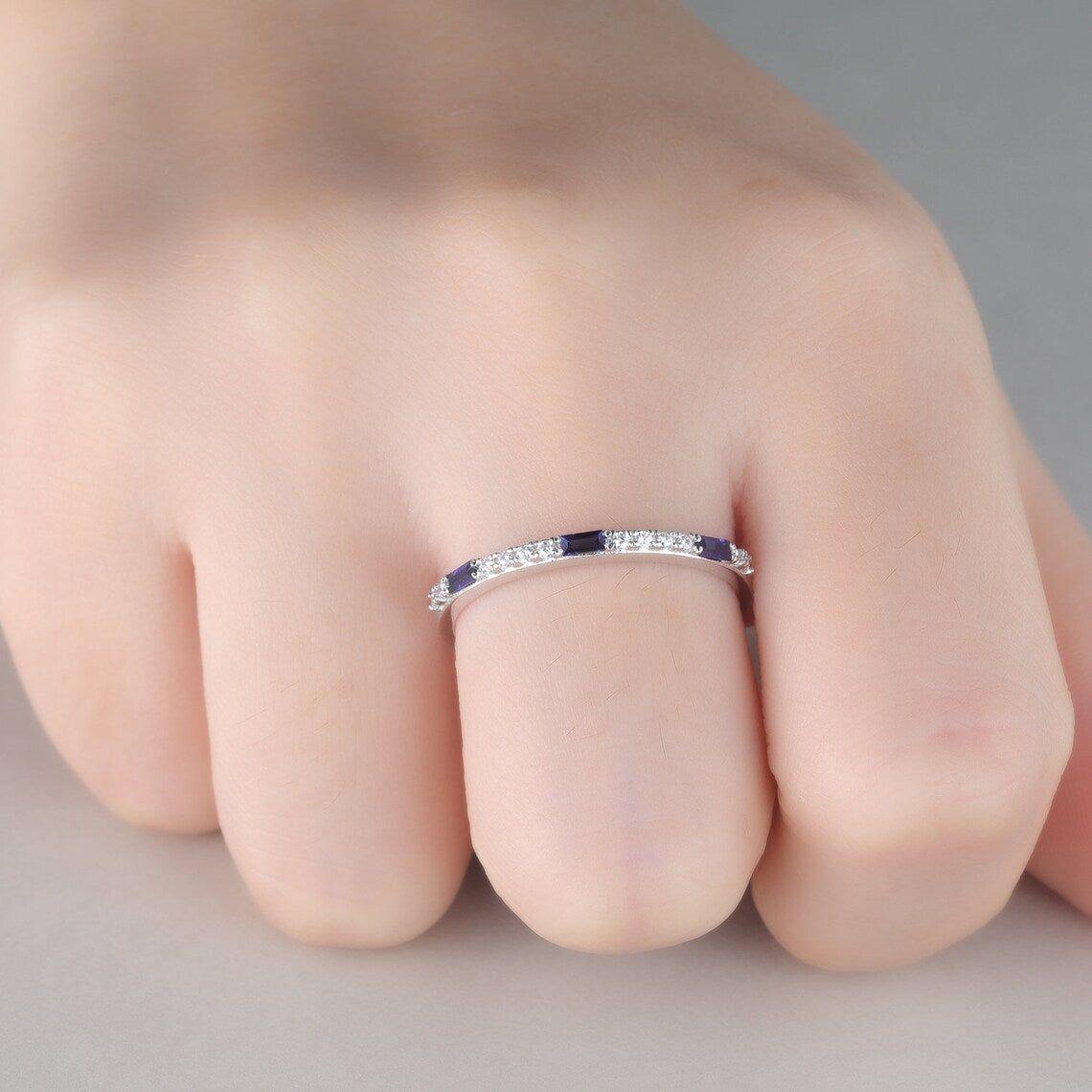 1.75 Ct Baguette Cut Blue Sapphire Half Eternity Promise Ring 925 Sterling Silver