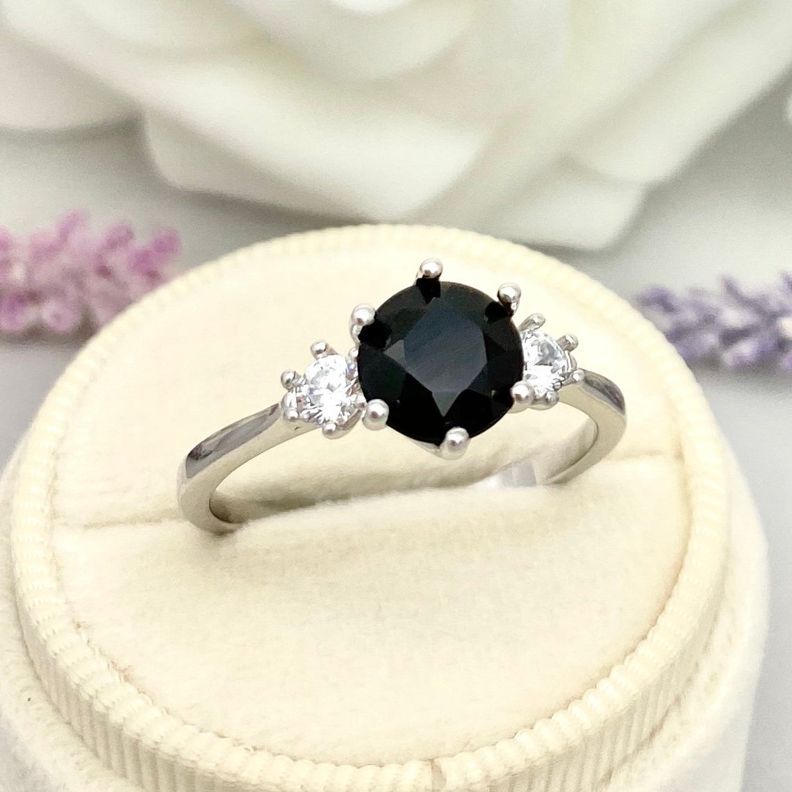 1 CT Round Cut Black Onyx Diamond 925 Sterling Silver Three Stone Wedding Promise Ring