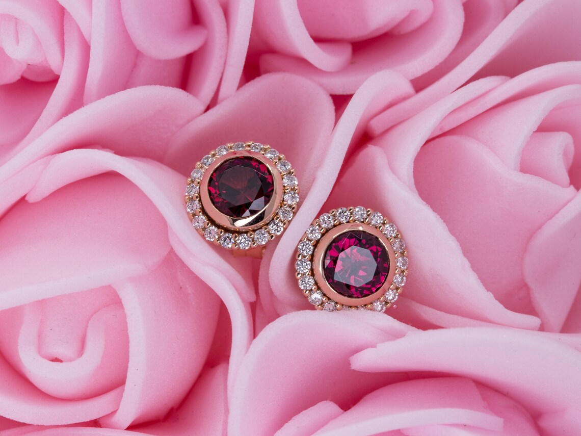 2.75 Ct Round Cut Red Garnet 925 Sterling Silver Unique Halo Stud Earrings