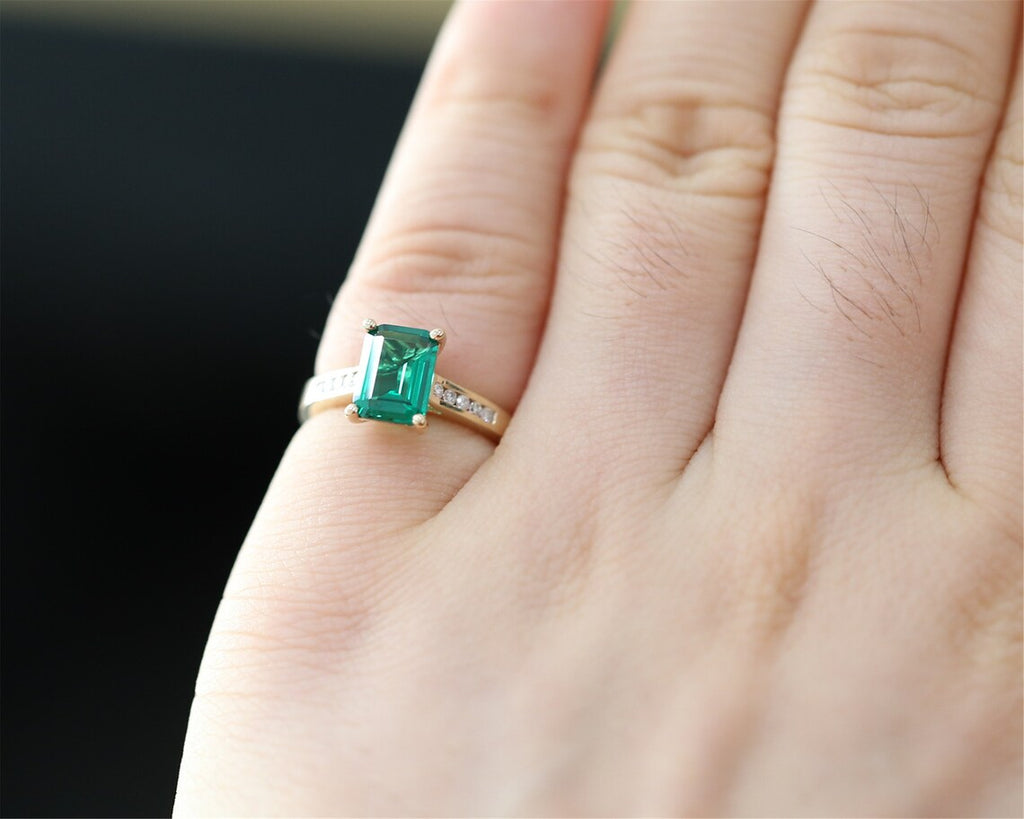 2.10 Ct Emerald Cut Green Emerald 925 Sterling Silver Solitaire W/Accents Engagement Ring