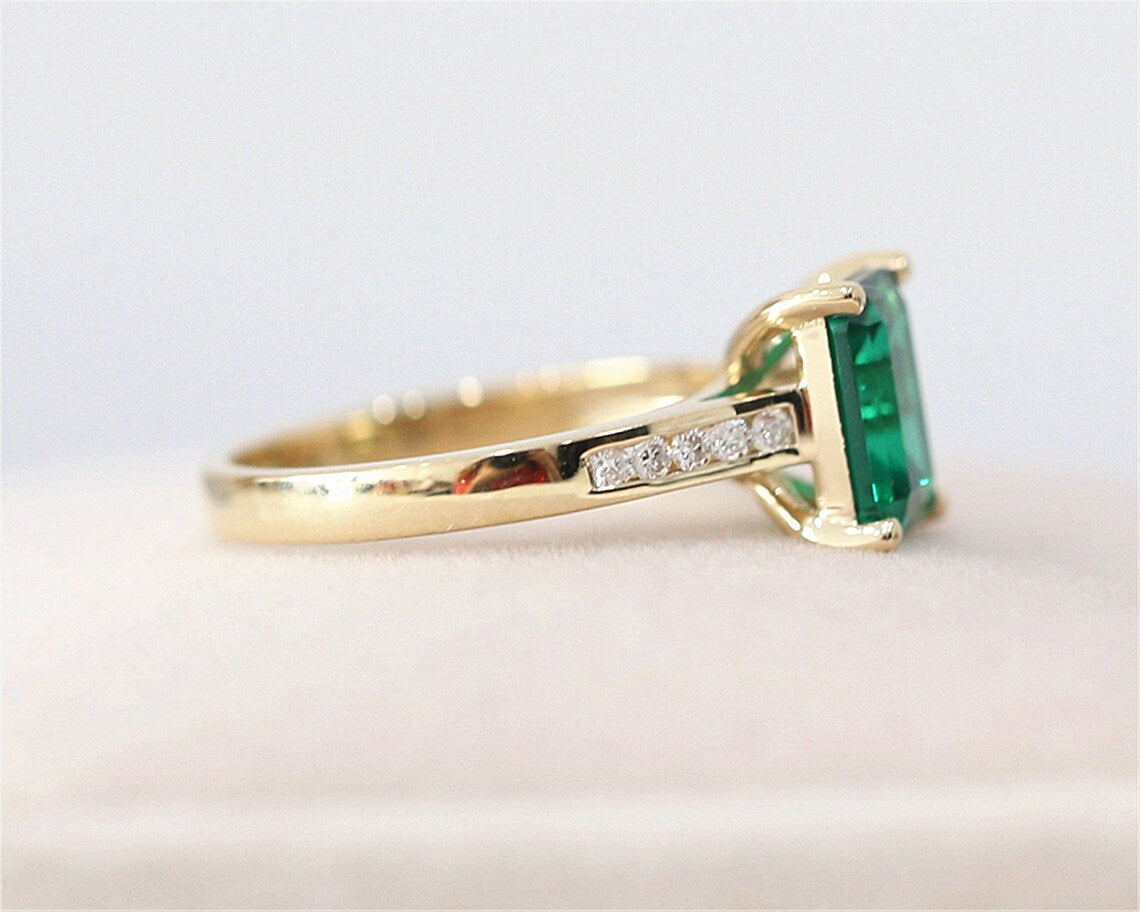 2.10 Ct Emerald Cut Green Emerald 925 Sterling Silver Solitaire W/Accents Engagement Ring